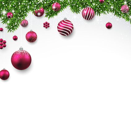 Christmas background with fir twigs and magenta balls. Vector illustration. のイラスト素材