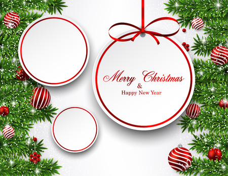 Christmas paper balls over fir twigs and red bubbles. Vector background. のイラスト素材