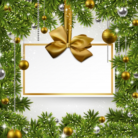 Holiday background with fir twigs and paper invitation card. Vector illustration. のイラスト素材