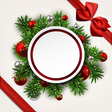 Paper white round gift card with red bow over green christmas tree branches. Vector illustration. のイラスト素材