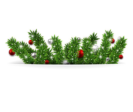 Christmas background with fir twigs and red balls. Vector illustration. のイラスト素材