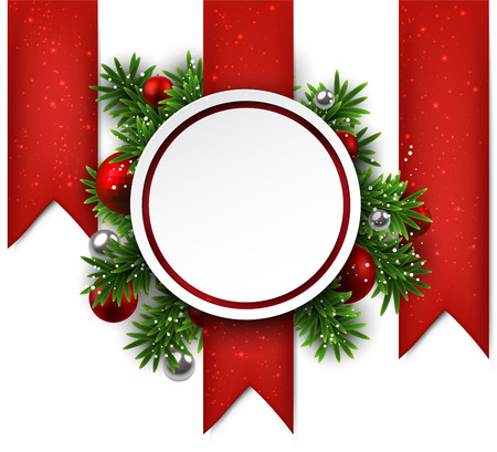 Paper white round gift card with over green christmas tree branches. Vector illustration. 
のイラスト素材