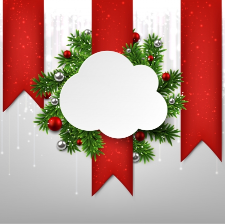 Paper white cloud gift card with over green christmas tree branches. Vector illustration. のイラスト素材