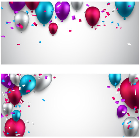 Celebration banners with colorful balloons and confetti. Vector illustration. のイラスト素材