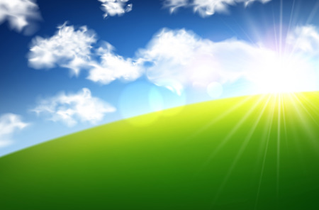 Green field with blue sky and clouds background. Vector illustration. のイラスト素材