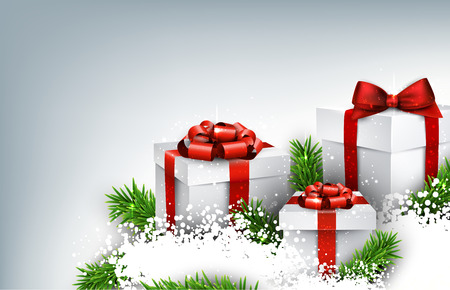 Abstract christmas background with fir branches and realistic gift boxes. Vector illustration. のイラスト素材
