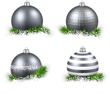 Set of silver realistic Christmas balls on snow with fir branches. のイラスト素材