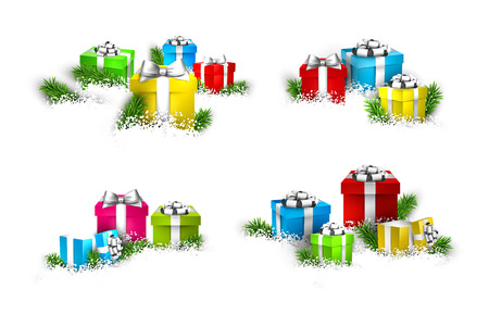 Christmas background with heaps of fir branches and realistic gift boxes. Vector illustration. のイラスト素材