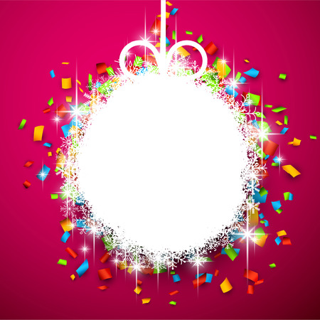 Christmas paper ball over colorful confetti. Vector background. のイラスト素材