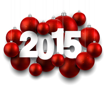 Happy 2015 new year with red christmas baubles. Vector paper illustration. のイラスト素材