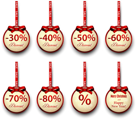 Sale and discount paper labels with red bows and ribbons. Vector.のイラスト素材