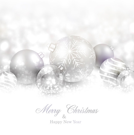 Winter background. Fallen defocused snowflakes. Christmas silver balls. Vector illustration. のイラスト素材