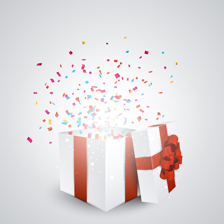 Opened 3d realistic gift box with red bow and confetti. Vector illustration.のイラスト素材