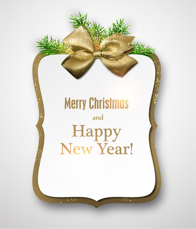 Christmas gift card with golden bow and spruce twigs. Vector illustration.のイラスト素材