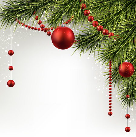Winter abstract background with spruce twigs and red baubles. Christmas vector frame. のイラスト素材