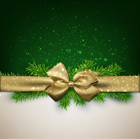 Winter background with crystallic snowflakes with golden gift bow. Christmas fir tree decoration. Vector.のイラスト素材