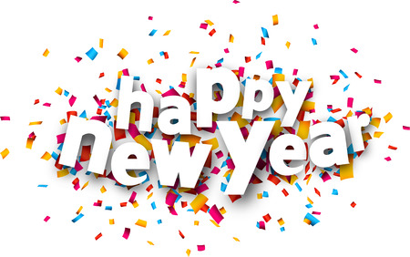Happy new year paper sign over confetti. holiday illustration.のイラスト素材