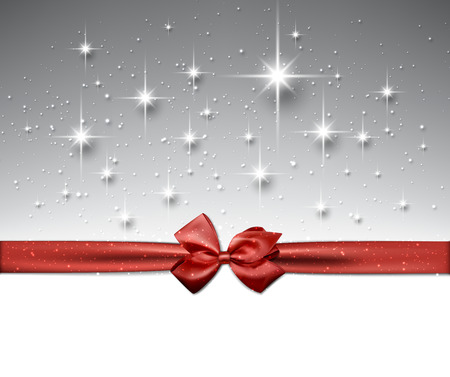 Shiny silver starry christmas background with red bow. のイラスト素材