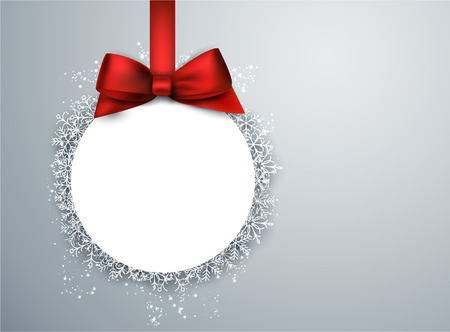Light winter abstract background. Christmas paper ball background with red bow. Vector.のイラスト素材
