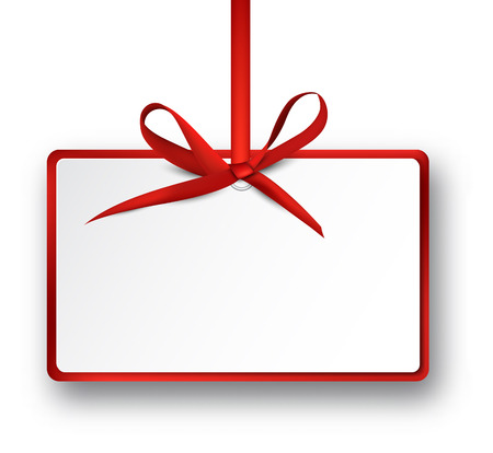 Christmas rectangle gift card with red satin bow. Vector illustration.のイラスト素材