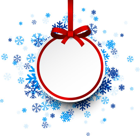 Paper round christmas ball on blue snowflakes. Vector background.のイラスト素材