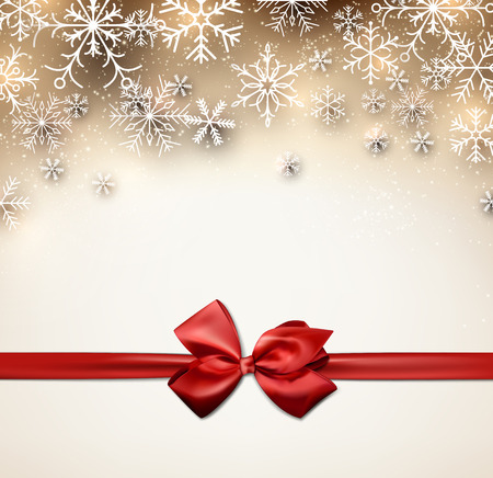 Golden christmas abstract background with red gift bow. Holiday illustration with stars and sparkles. Vector.のイラスト素材