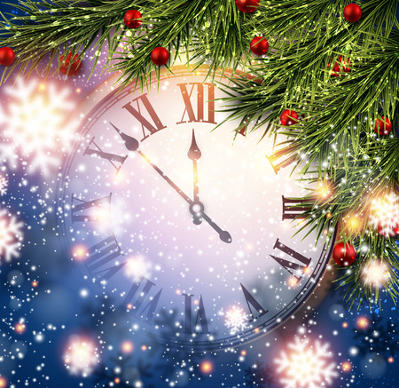 Vintage clock over snowfall christmas background. New year vector illustration.のイラスト素材