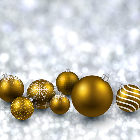 Silver defocused with golden christmas balls background. Bright bokeh. Vector illustration.のイラスト素材