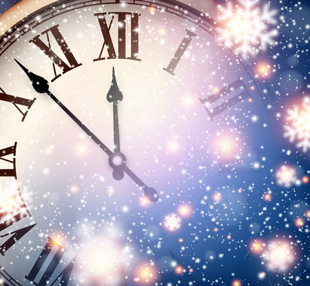 Vintage clock over snowfall christmas background. New year vector illustration.