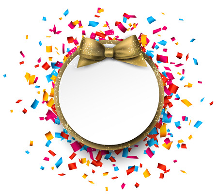 Christmas round gift card with golden bow and confetti. Vector illustration.のイラスト素材