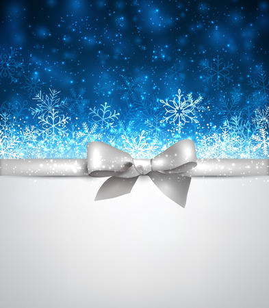 Shiny blue christmas background with silver bow. Vector winter Illustration.のイラスト素材
