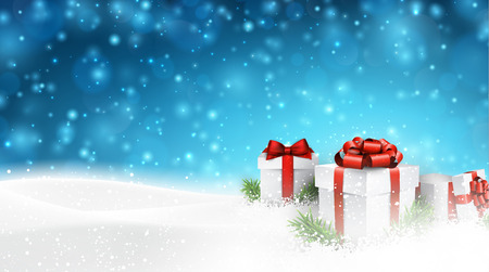 Winter background with snow. Gift boxes. Christmas blue defocused illustration. Eps10 vector.のイラスト素材