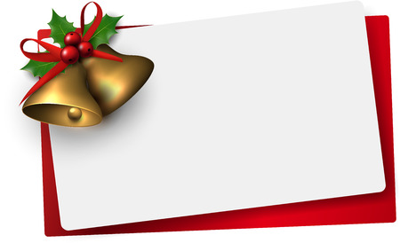 Paper card with golden christmas bells. Holly berries. Vector illustration.のイラスト素材