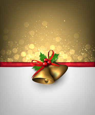 Paper card with golden christmas bells. Holly berries. Vector illustration.のイラスト素材