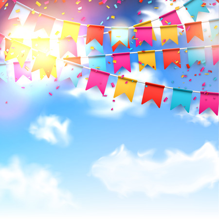 Celebrate banner Party flags with confetti over blue sky.