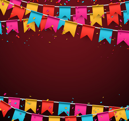 Celebrate banner. Party flags with confetti. Vector illustration.のイラスト素材