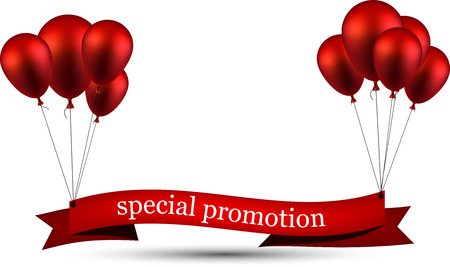 Special promotion ribbon background with red balloons. Vector illustration.のイラスト素材