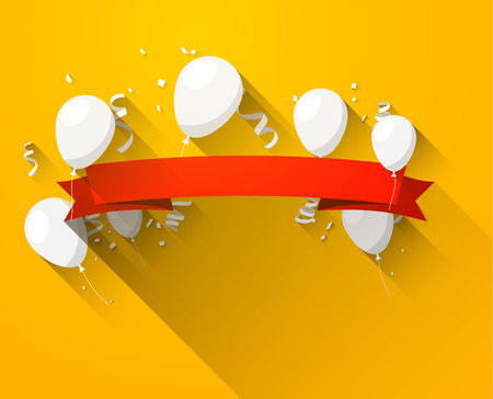 Celebration red banner with balloons and confetti. Vector illustration.のイラスト素材