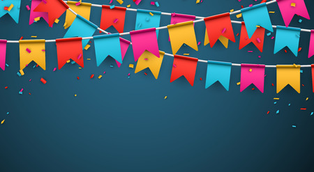 Celebrate banner. Party flags with confetti. Vector illustration.