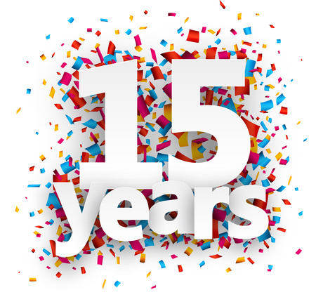 Fifteen  years paper sign over confetti. Vector holiday illustration.のイラスト素材