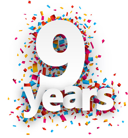 Nine  years paper sign over confetti. Vector holiday illustration.のイラスト素材
