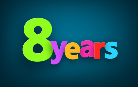 Eight years paper colorful sign over dark blue. Vector illustration.