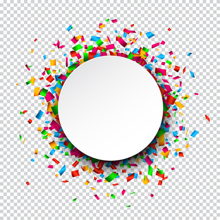 Colorful celebration background. Paper round speech bubble with confetti.