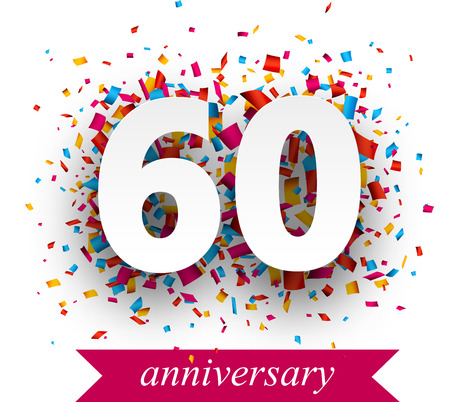Sixty paper sign over confetti. Vector holiday anniversary illustration.のイラスト素材