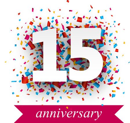 Fifteen paper sign over confetti. Vector holiday anniversary illustration.のイラスト素材