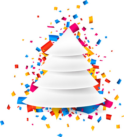 White paper christmas tree over colorful confetti. Vector illustration.のイラスト素材