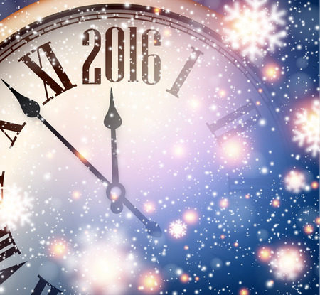 Vintage clock over snowfall christmas background. 2016 New year vector illustration.のイラスト素材