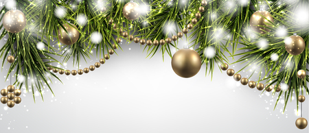 Winter banner with spruce twigs and golden baubles. Christmas vector illustration with place for text.のイラスト素材