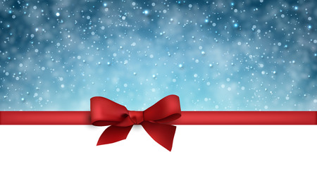 Winter background with snowflakes and place for text. Christmas blue defocused illustration with red bow.のイラスト素材