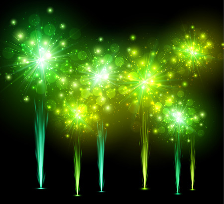Festive green firework on black background. Vector illustration.のイラスト素材